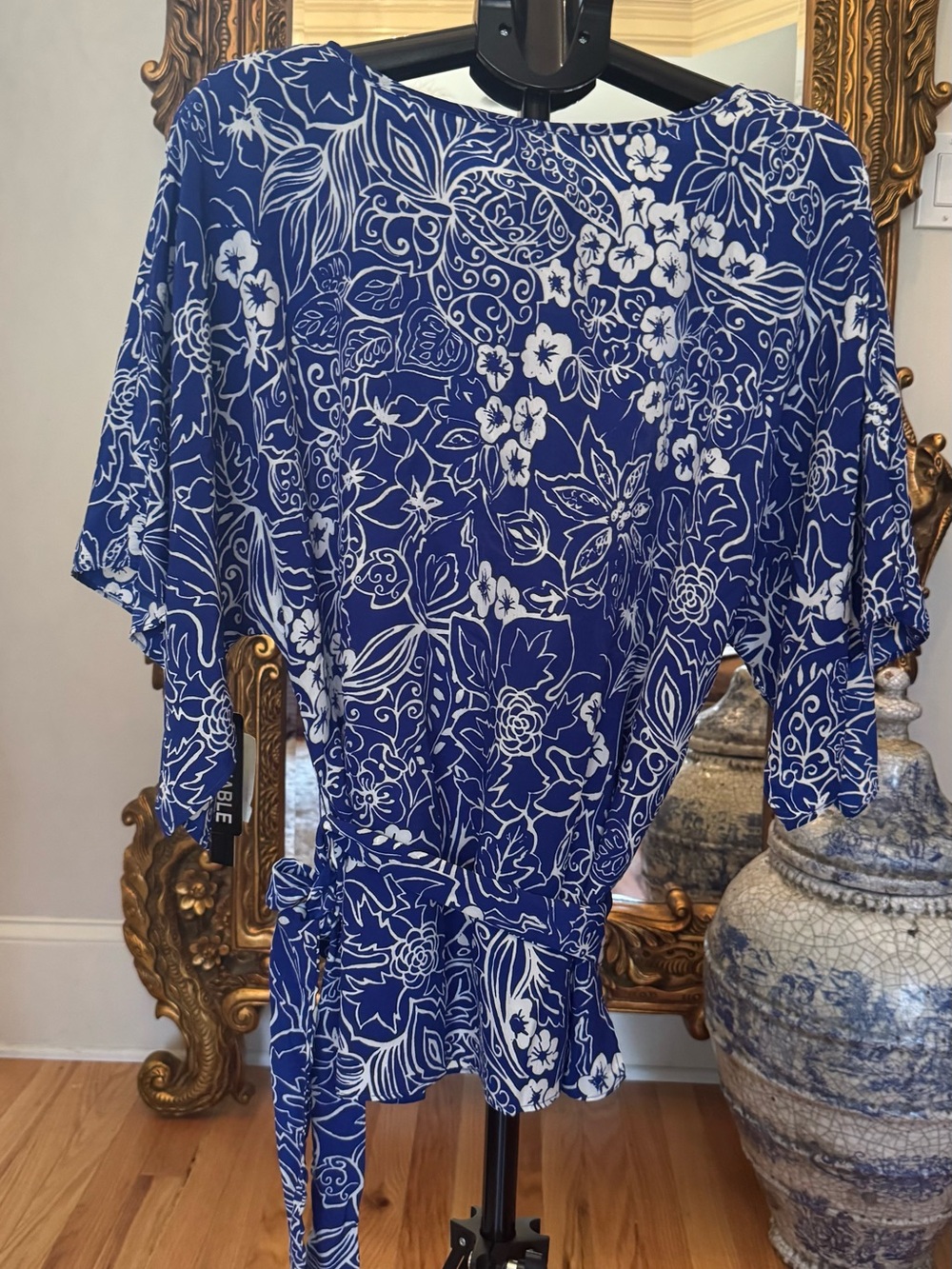 Dana Kay Blue and White Floral Dolman Sleeve Blouse